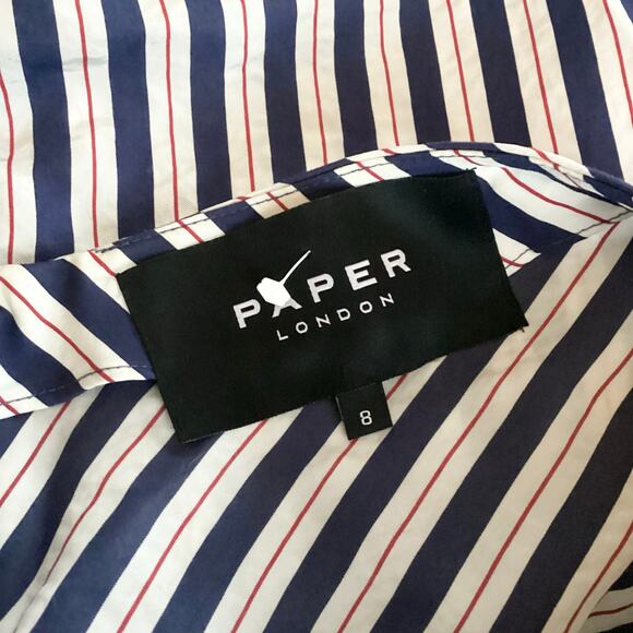 Paper London Sisi Navy Blue Striped Ruched Bodice Midi Dress UK 8 US S 4/6 - Picture 7 of 8